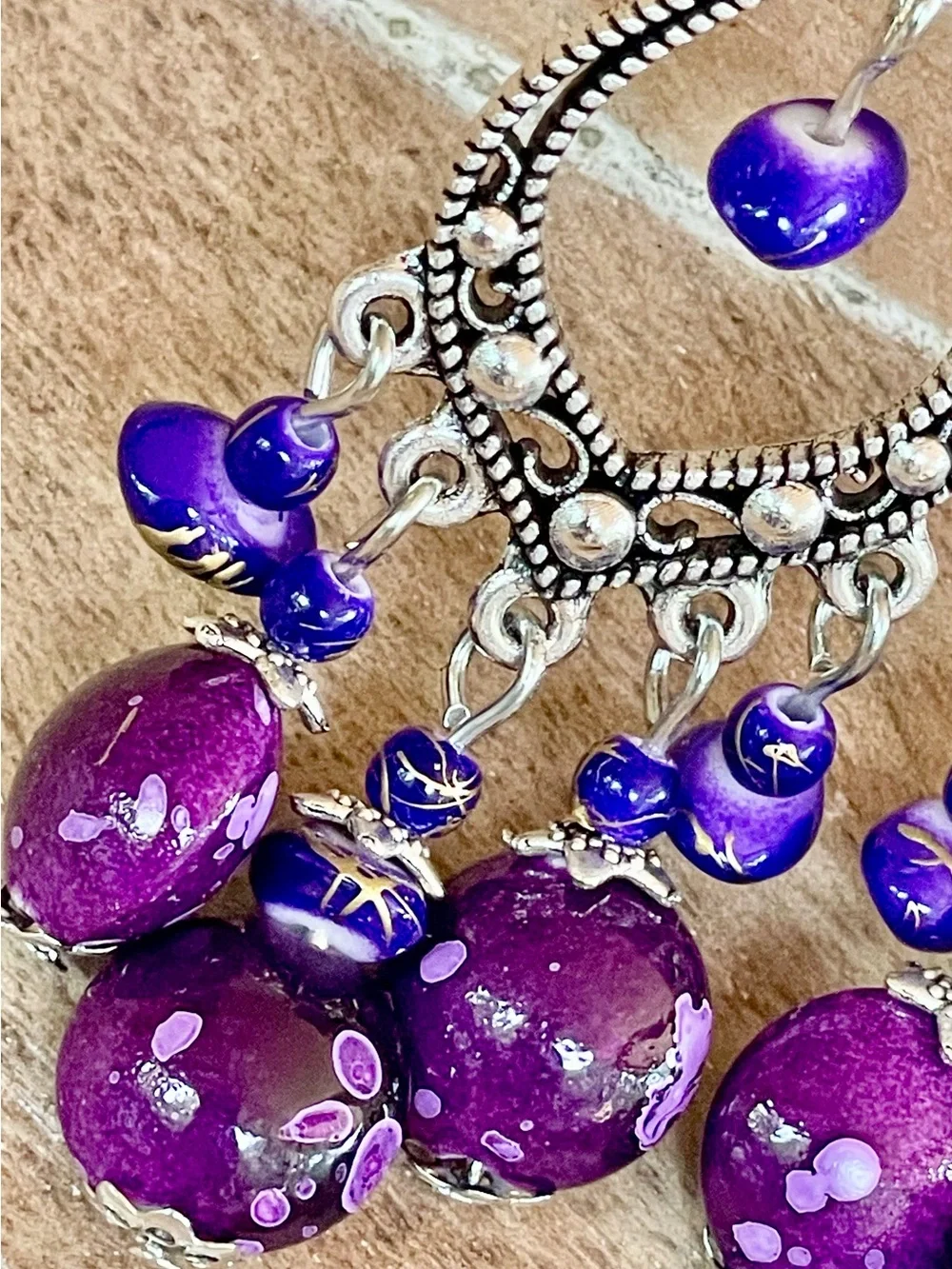 Handcrafted Silver-Tone Purple Bead Chandelier Earrings - Women Jewelry